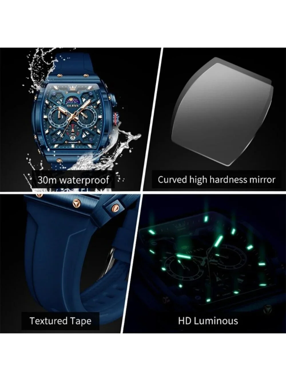 Men's All Blue Chronograph Waterproof Rectangle Moon Phase Luminous Quartz Watch